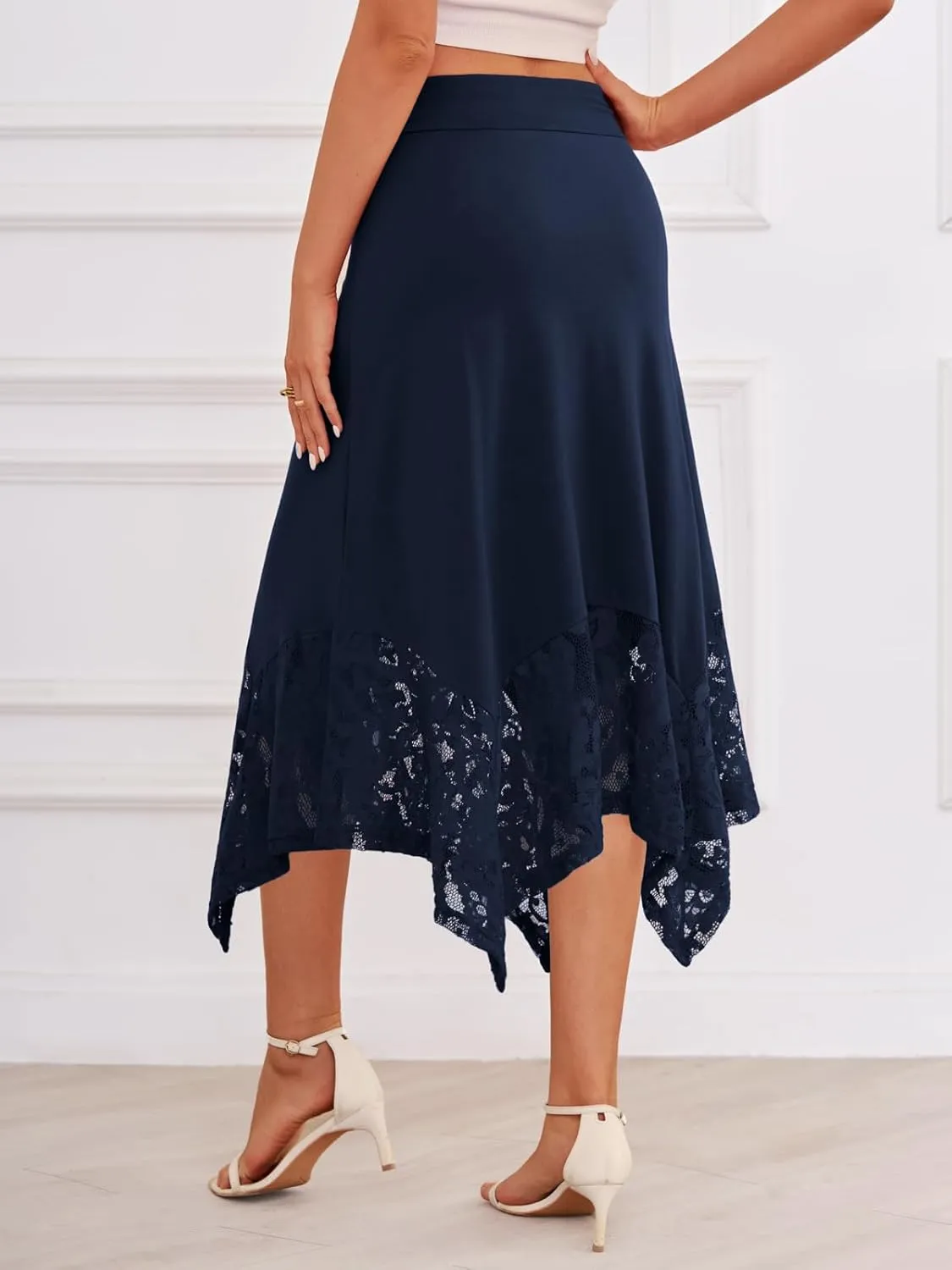 DJT Womens Flat Elastic High Waist Skirts Stretchy Flowy Handkerchief Lace Splicing Hem Midi Skirt