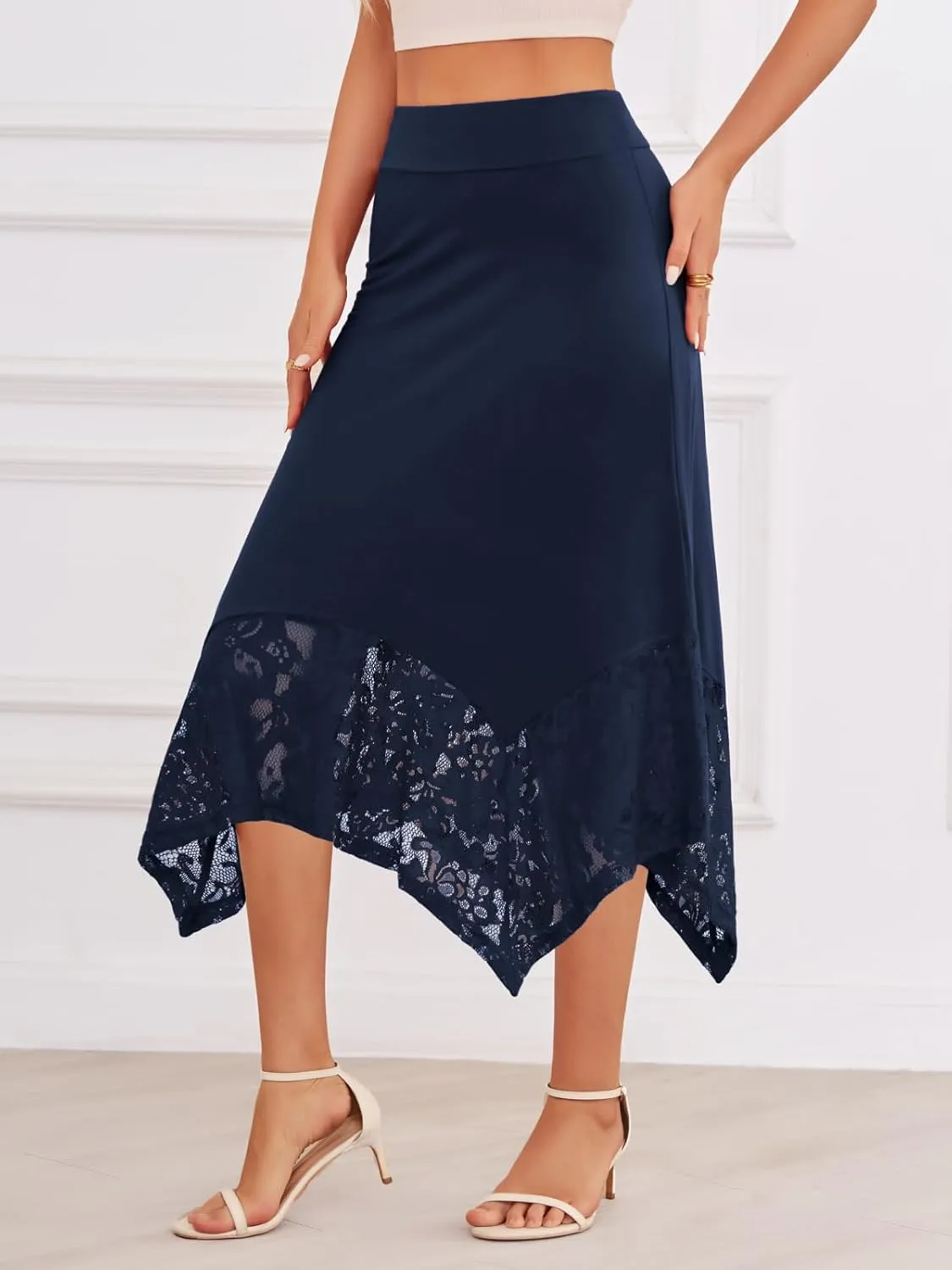 DJT Womens Flat Elastic High Waist Skirts Stretchy Flowy Handkerchief Lace Splicing Hem Midi Skirt