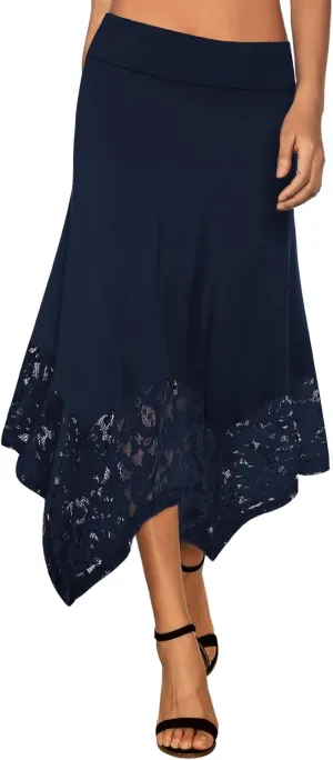 DJT Womens Flat Elastic High Waist Skirts Stretchy Flowy Handkerchief Lace Splicing Hem Midi Skirt