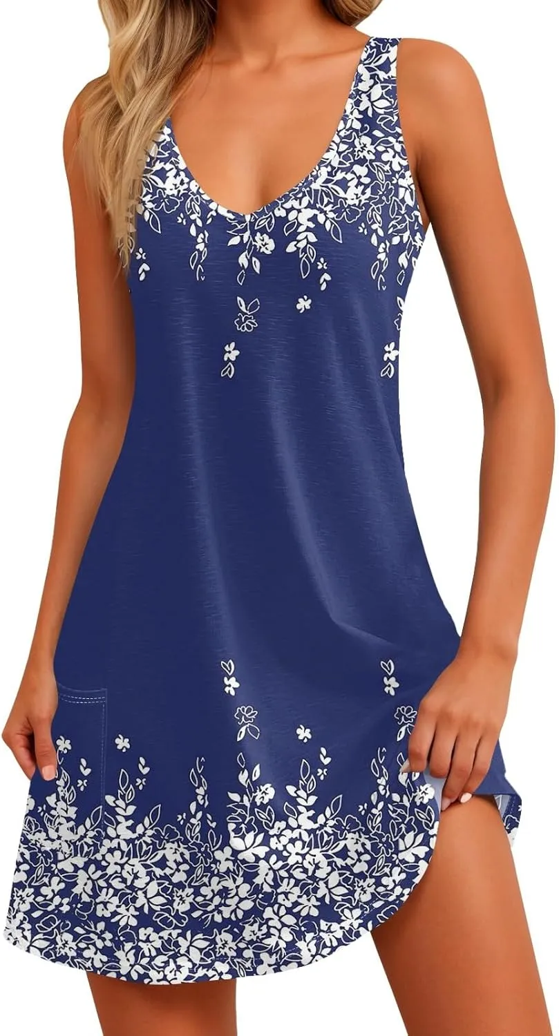 Dresses for Women 2025 Casual V Neck Mini Sleeveless Summer Sun Dress Loose Fit Sundresses with Pockets
