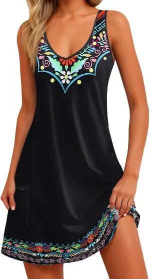 Dresses for Women 2025 Casual V Neck Mini Sleeveless Summer Sun Dress Loose Fit Sundresses with Pockets