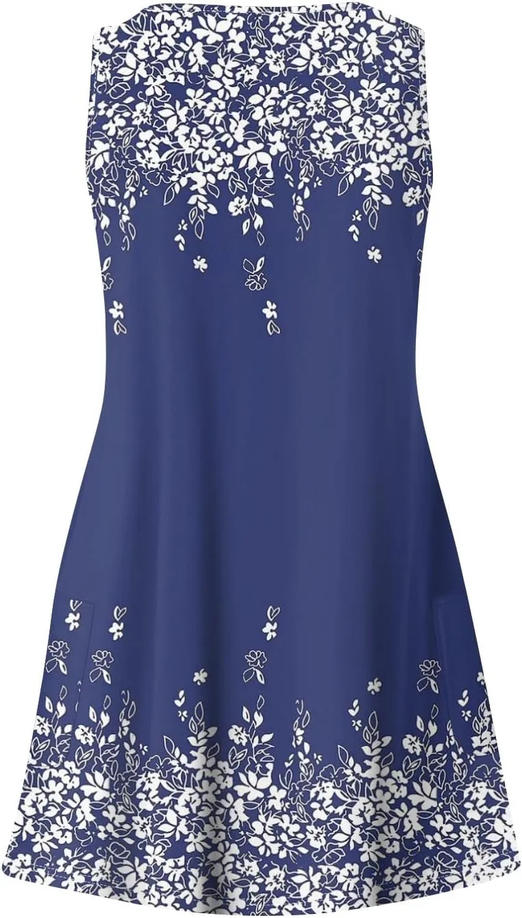 Dresses for Women 2025 Casual V Neck Mini Sleeveless Summer Sun Dress Loose Fit Sundresses with Pockets