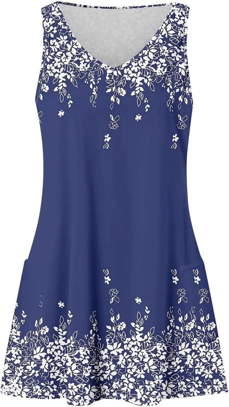 Dresses for Women 2025 Casual V Neck Mini Sleeveless Summer Sun Dress Loose Fit Sundresses with Pockets
