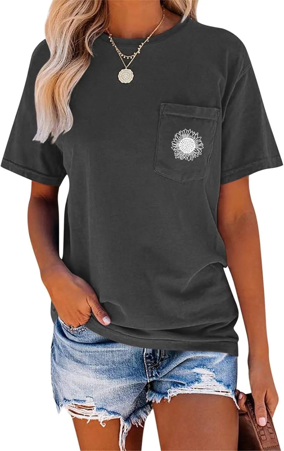 EADINVE Women's Crew Neck Short Sleeve Summer Sunflower Graphic Printed Tee Vintage T-Shirt with Pockets Loose Fitting Tops