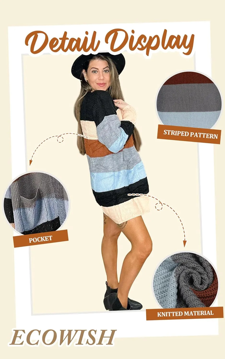 ECOWISH Cardigan Sweaters for Women Lightweight Fall Color Block Striped Long Sleeve Open Front Cozy Knitted Coats Outwear