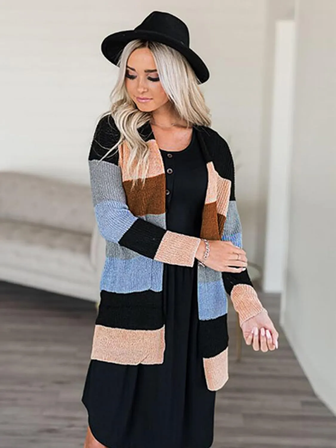 ECOWISH Cardigan Sweaters for Women Lightweight Fall Color Block Striped Long Sleeve Open Front Cozy Knitted Coats Outwear