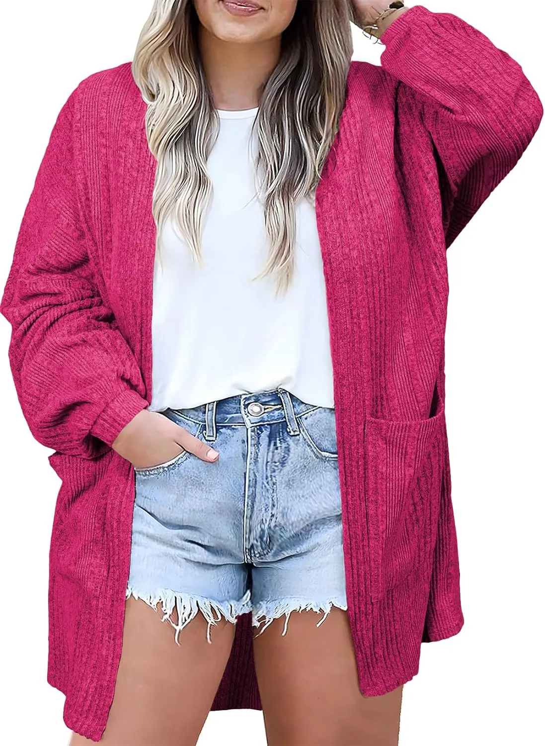Eytino Womens Plus Size Cardigan Long Sleeve Open Front Casual Knit Sweaters with Pockets Loose Outwear(1X-5X)