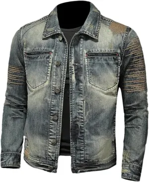 Fashion Trend Zipper Motorcycle Denim Jacket Men's Lapel Vintage Denim Jacket