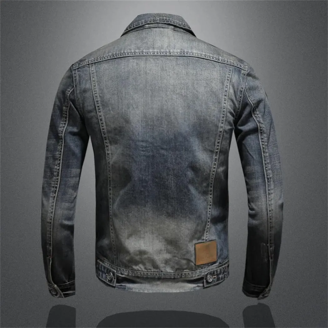 Fashion Trend Zipper Motorcycle Denim Jacket Men's Lapel Vintage Denim Jacket