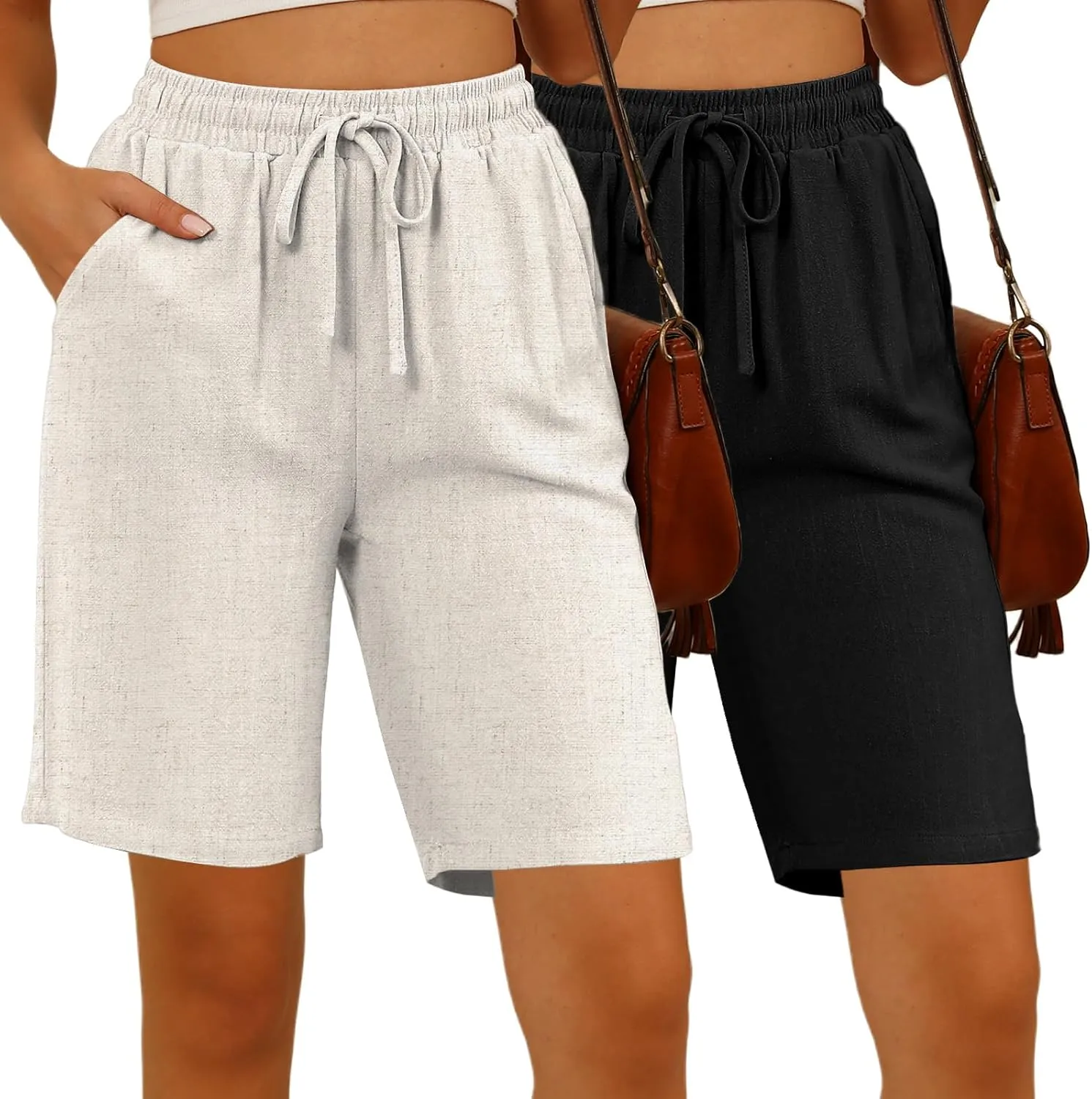 Ficerd 2 Pack Women's Linen Shorts Casual Drawstring Bermuda Summer Wide Leg Knee Length Shorts with Pockets
