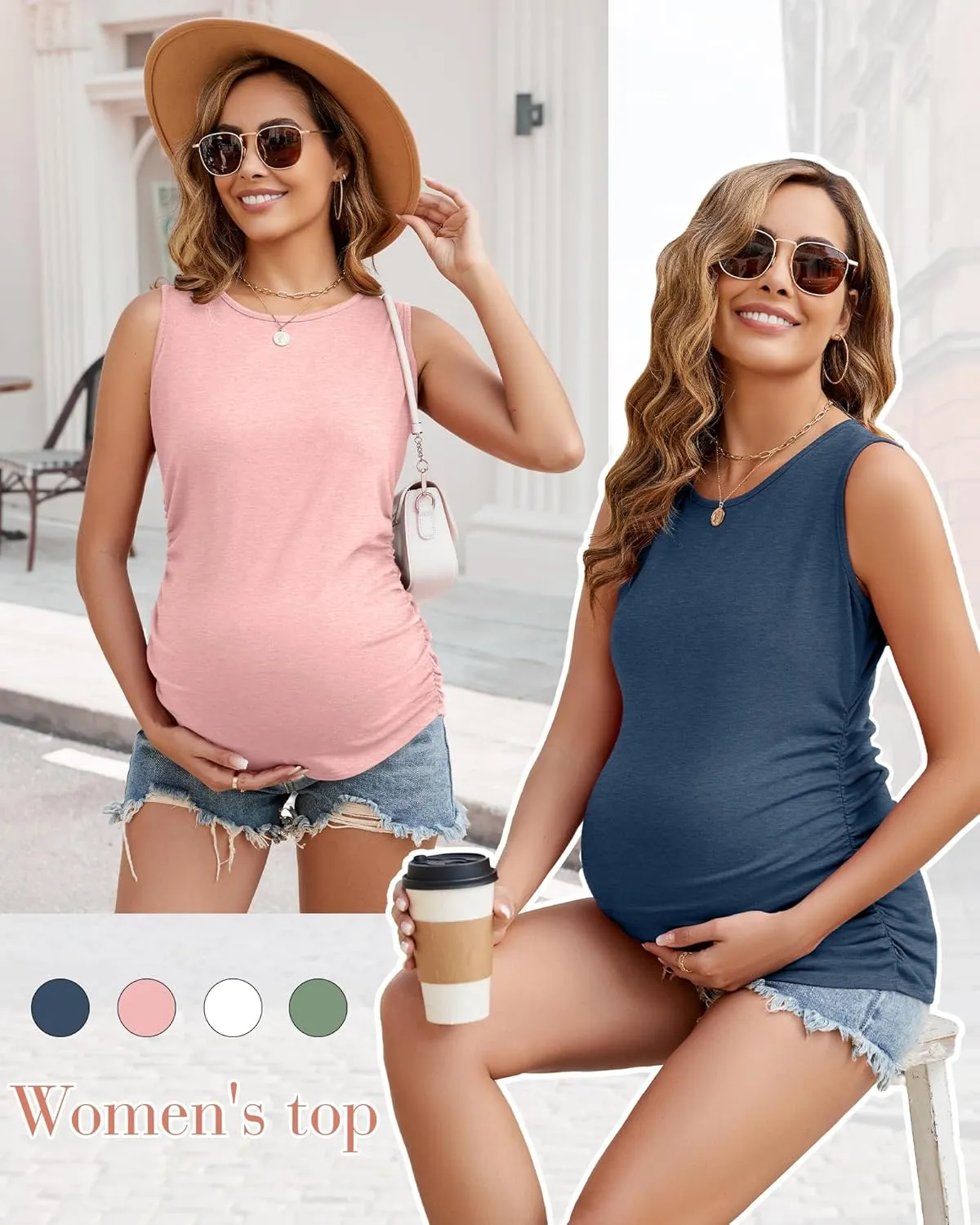 Ficerd 4 Pack Women's Maternity Tank Tops, Side Ruched Sleeveless Pregnancy Shirts Summer Comfy Round Neck Maternity Vest Tee