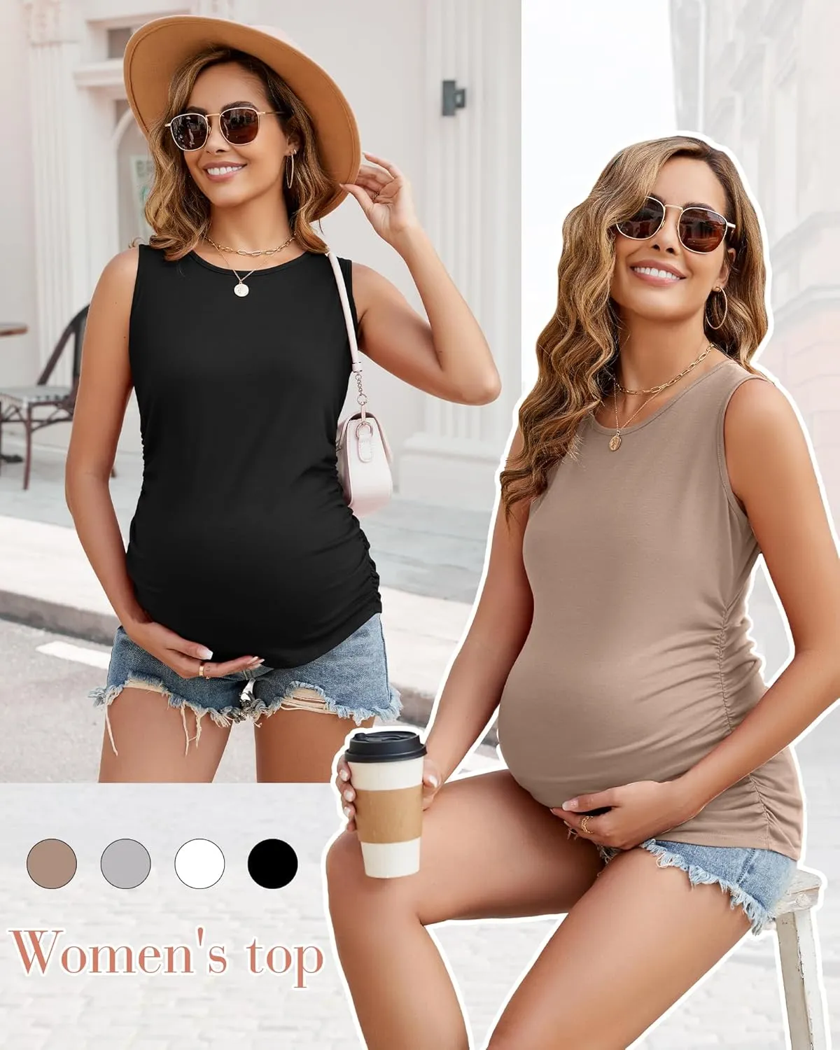 Ficerd 4 Pack Women's Maternity Tank Tops, Side Ruched Sleeveless Pregnancy Shirts Summer Comfy Round Neck Maternity Vest Tee