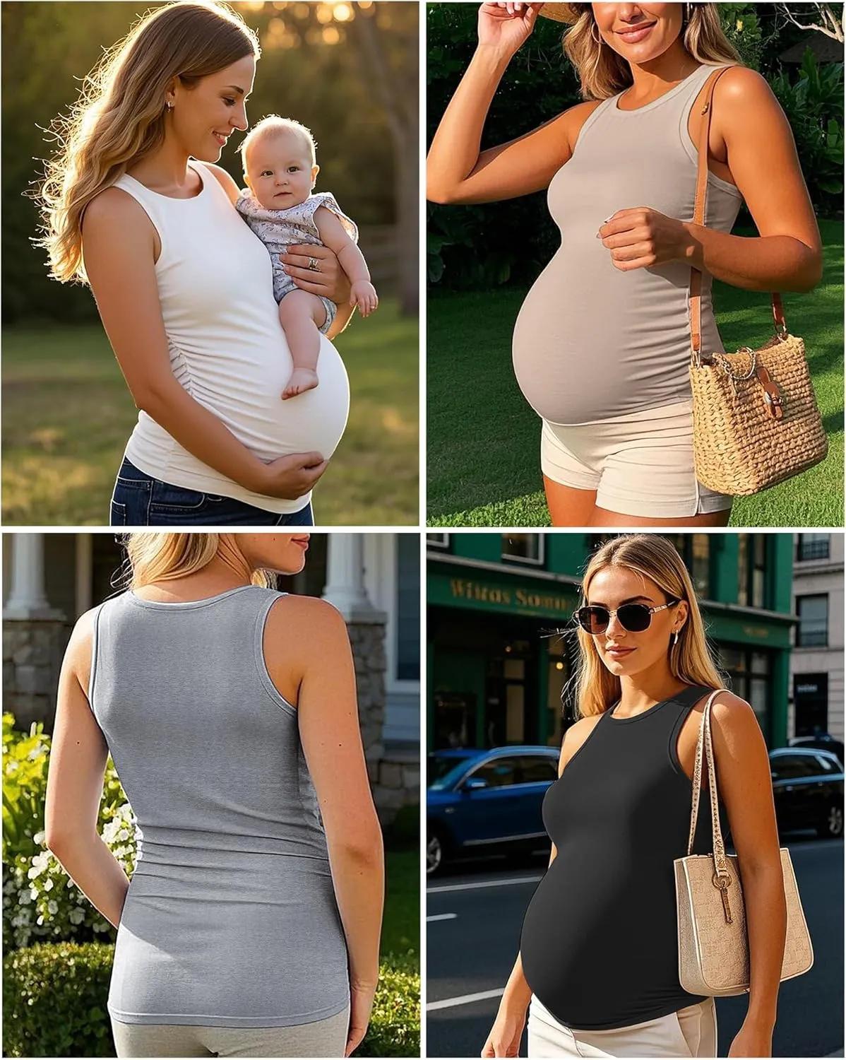 Ficerd 4 Pack Women's Maternity Tank Tops, Side Ruched Sleeveless Pregnancy Shirts Summer Comfy Round Neck Maternity Vest Tee