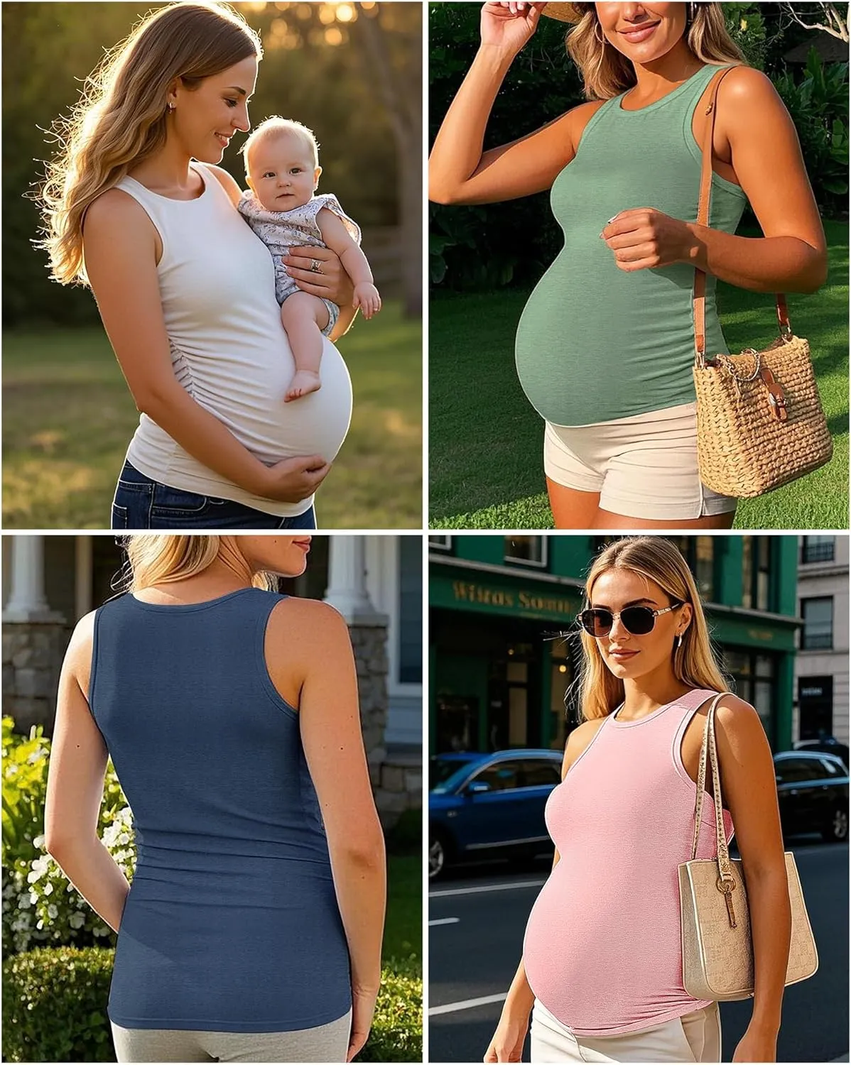 Ficerd 4 Pack Women's Maternity Tank Tops, Side Ruched Sleeveless Pregnancy Shirts Summer Comfy Round Neck Maternity Vest Tee
