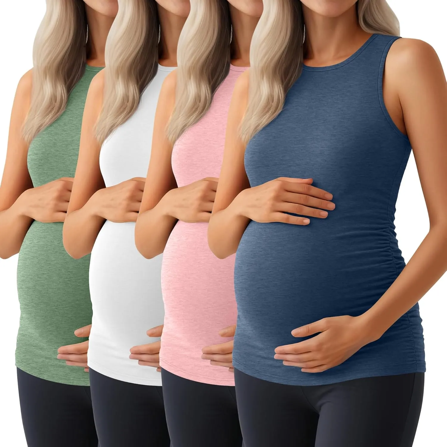Ficerd 4 Pack Women's Maternity Tank Tops, Side Ruched Sleeveless Pregnancy Shirts Summer Comfy Round Neck Maternity Vest Tee