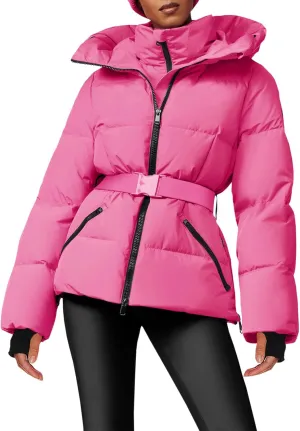 Fisoew Womens Ski Jacket Warm Hooded Windproof Waterproof Quilted Puffy Snow Winter Coat with Belt