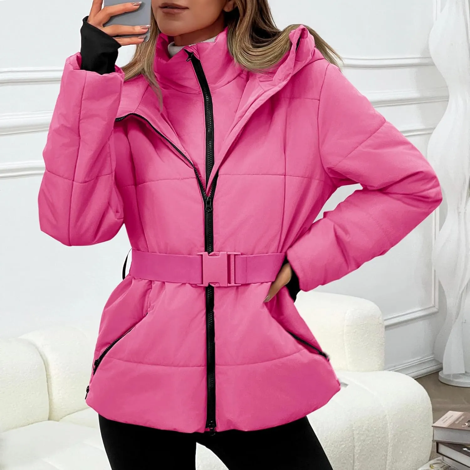 Fisoew Womens Ski Jacket Warm Hooded Windproof Waterproof Quilted Puffy Snow Winter Coat with Belt