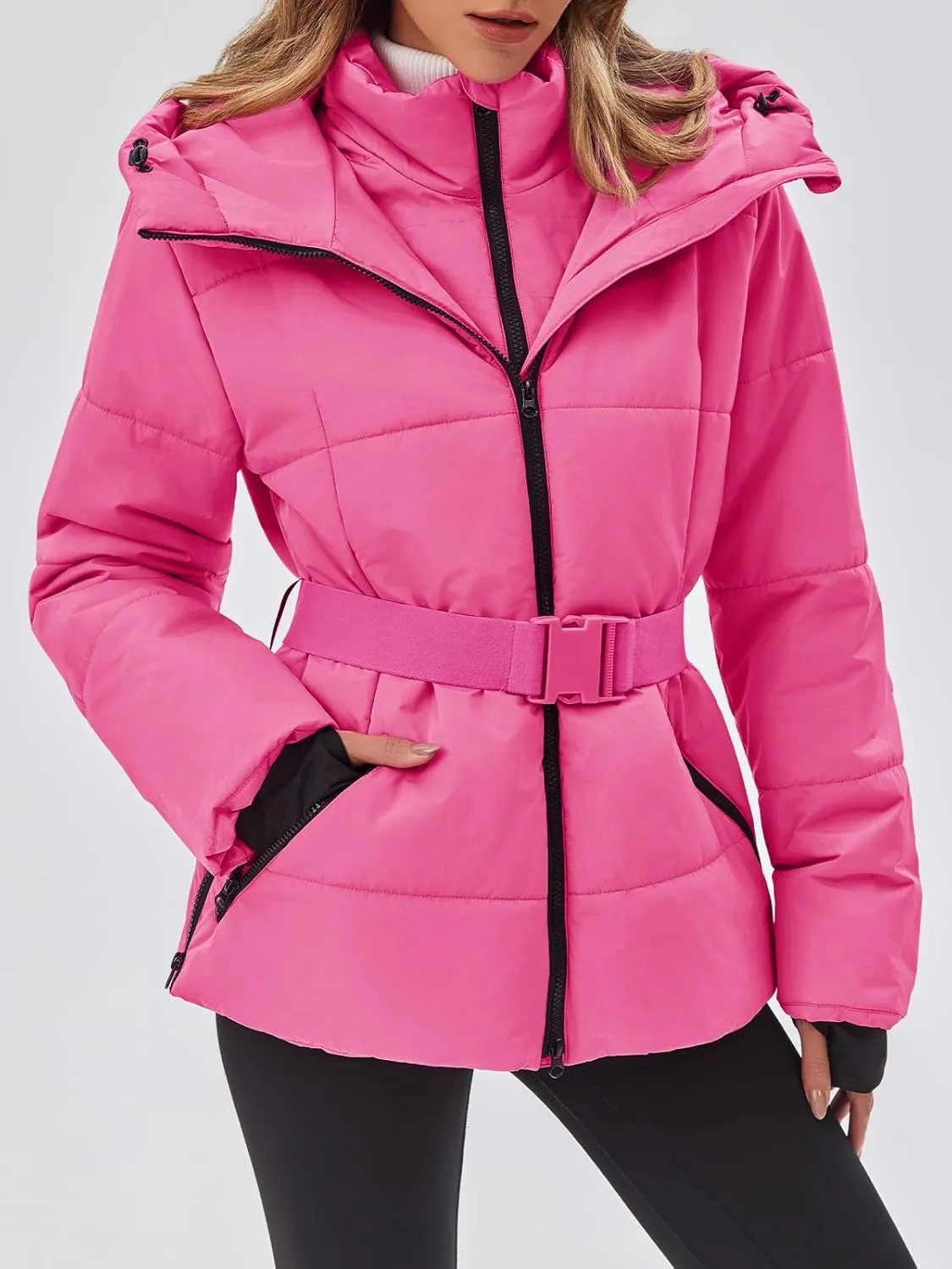 Fisoew Womens Ski Jacket Warm Hooded Windproof Waterproof Quilted Puffy Snow Winter Coat with Belt