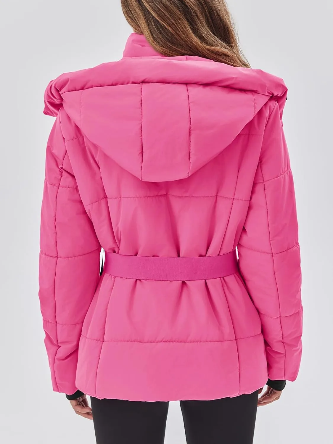Fisoew Womens Ski Jacket Warm Hooded Windproof Waterproof Quilted Puffy Snow Winter Coat with Belt