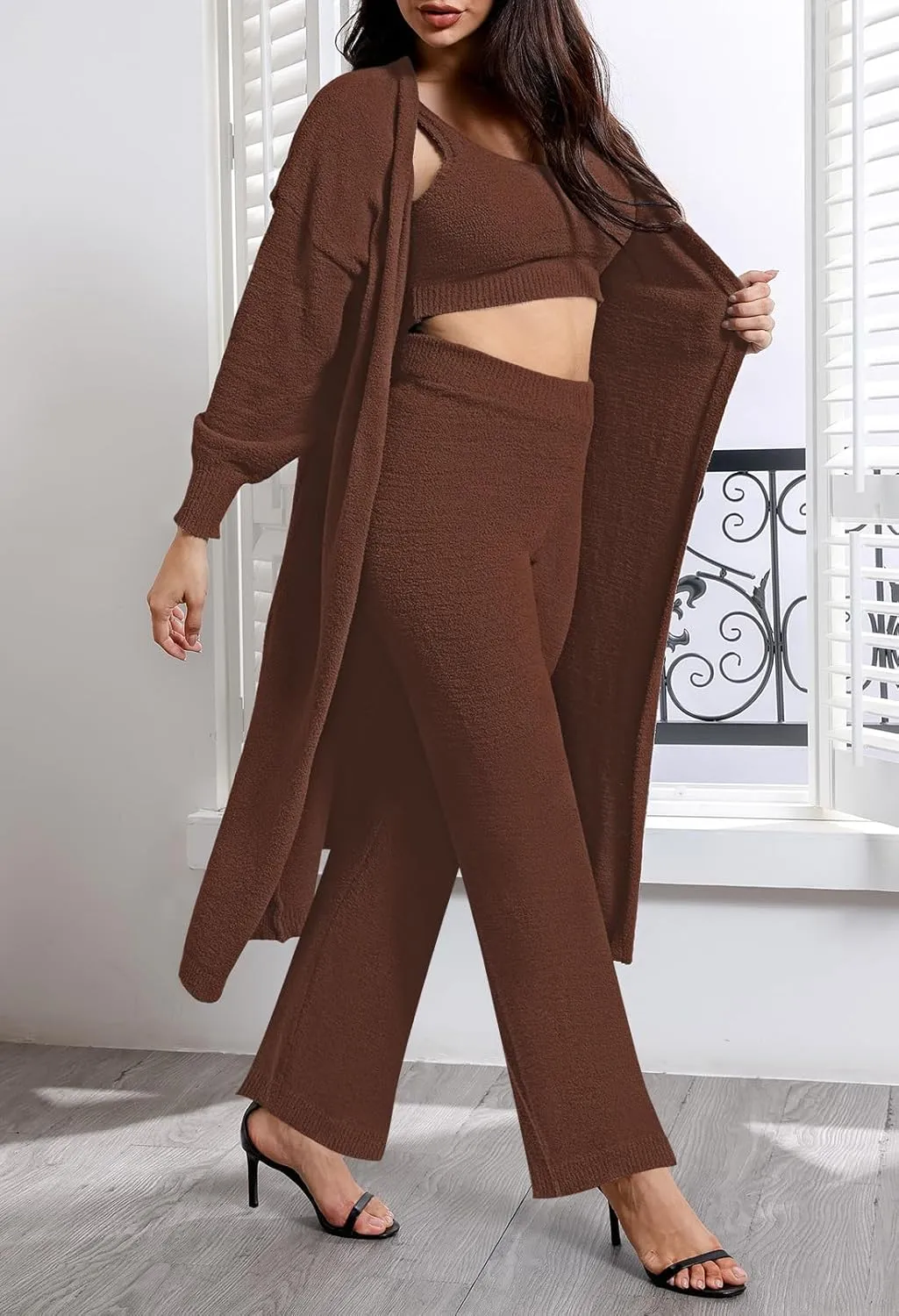 Fixmatti Women's Fuzzy 3 Piece Sweatsuit Open Front Cardigan Crop Tank Tops Wide Legs Pants Lounge Sets