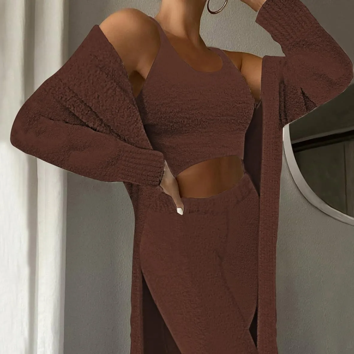 Fixmatti Women's Fuzzy 3 Piece Sweatsuit Open Front Cardigan Crop Tank Tops Wide Legs Pants Lounge Sets