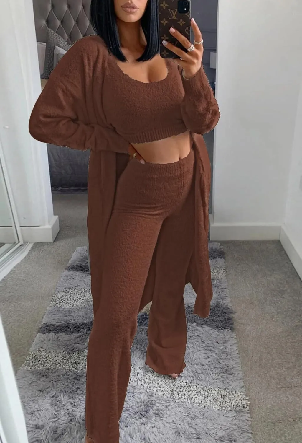 Fixmatti Women's Fuzzy 3 Piece Sweatsuit Open Front Cardigan Crop Tank Tops Wide Legs Pants Lounge Sets