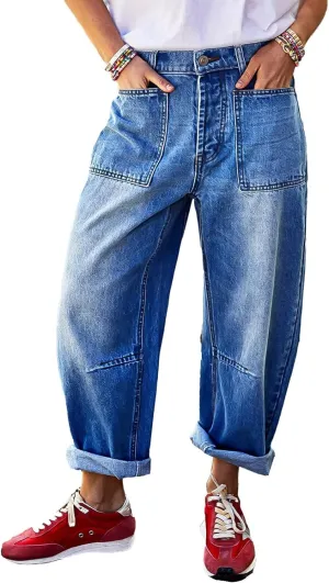 Flamingals Barrel Jeans for Women Trendy High Waisted Stretchy Boyfriend Cropped Jeans Roll Hem Denim Ankle Pants
