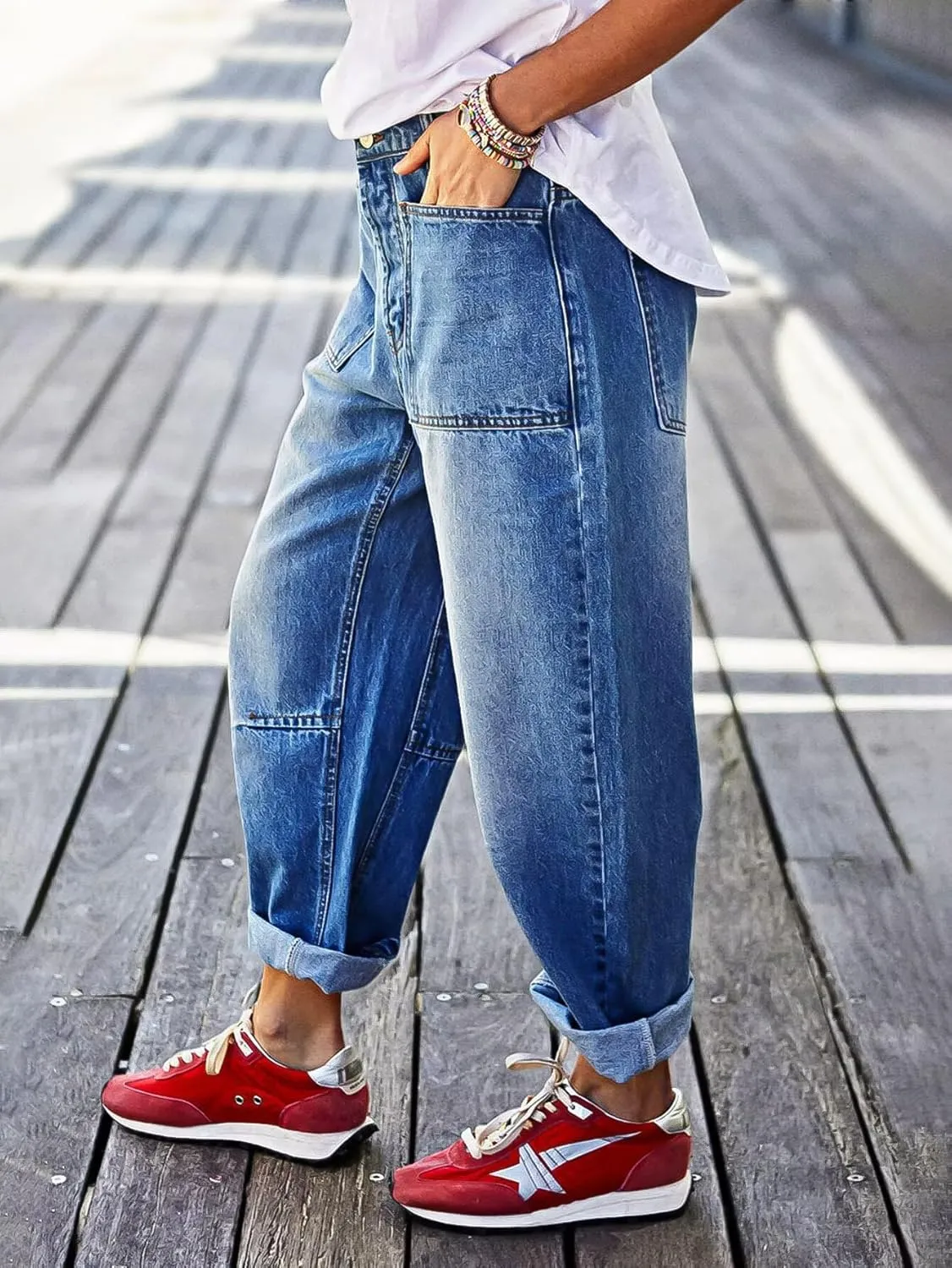 Flamingals Barrel Jeans for Women Trendy High Waisted Stretchy Boyfriend Cropped Jeans Roll Hem Denim Ankle Pants