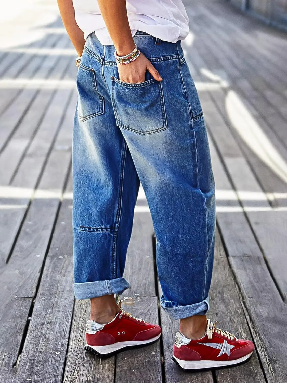 Flamingals Barrel Jeans for Women Trendy High Waisted Stretchy Boyfriend Cropped Jeans Roll Hem Denim Ankle Pants
