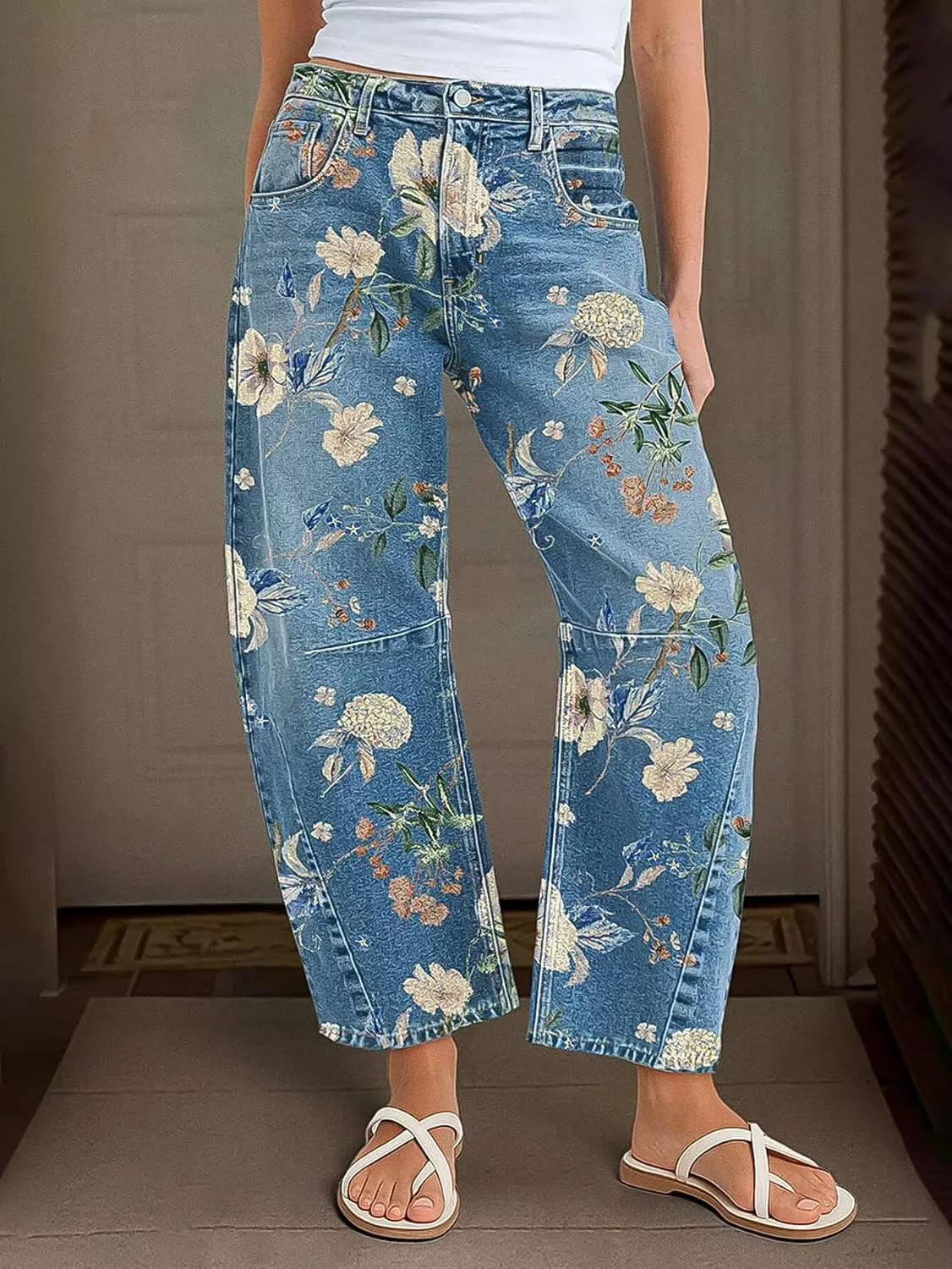 Flamingals Barrel Jeans for Women Trendy Mid Rise Floral Printed Cropped Jeans Relax Fit Stretch Denim Ankle Pants