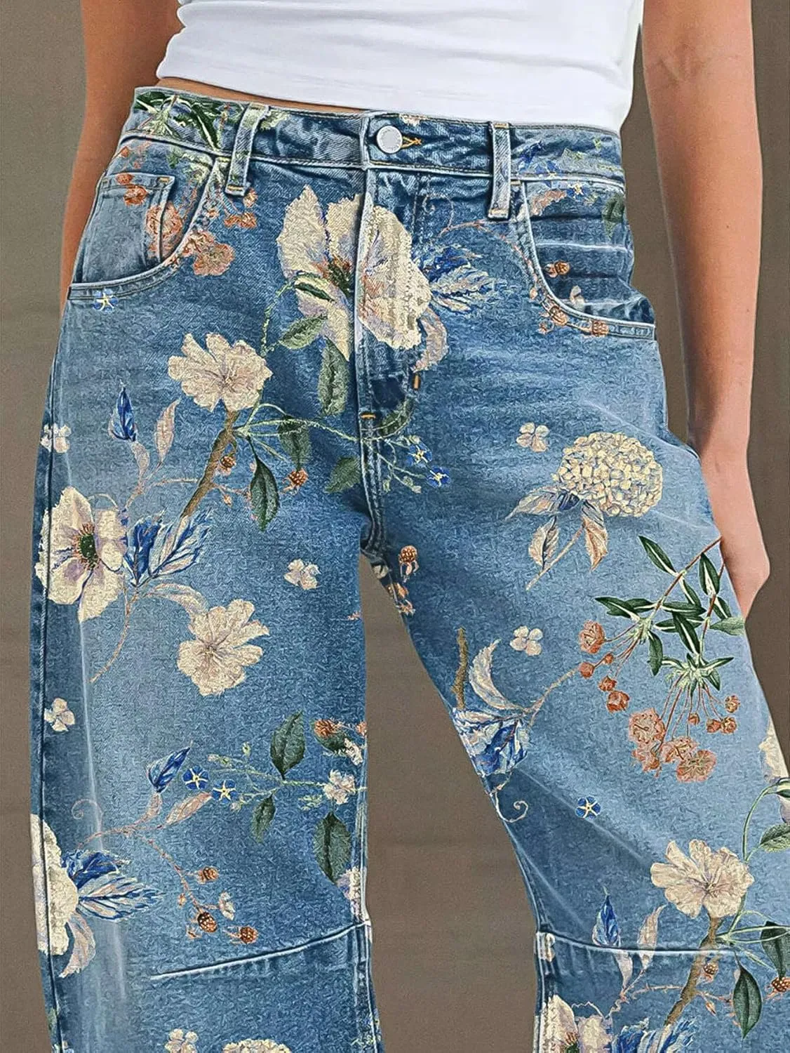 Flamingals Barrel Jeans for Women Trendy Mid Rise Floral Printed Cropped Jeans Relax Fit Stretch Denim Ankle Pants