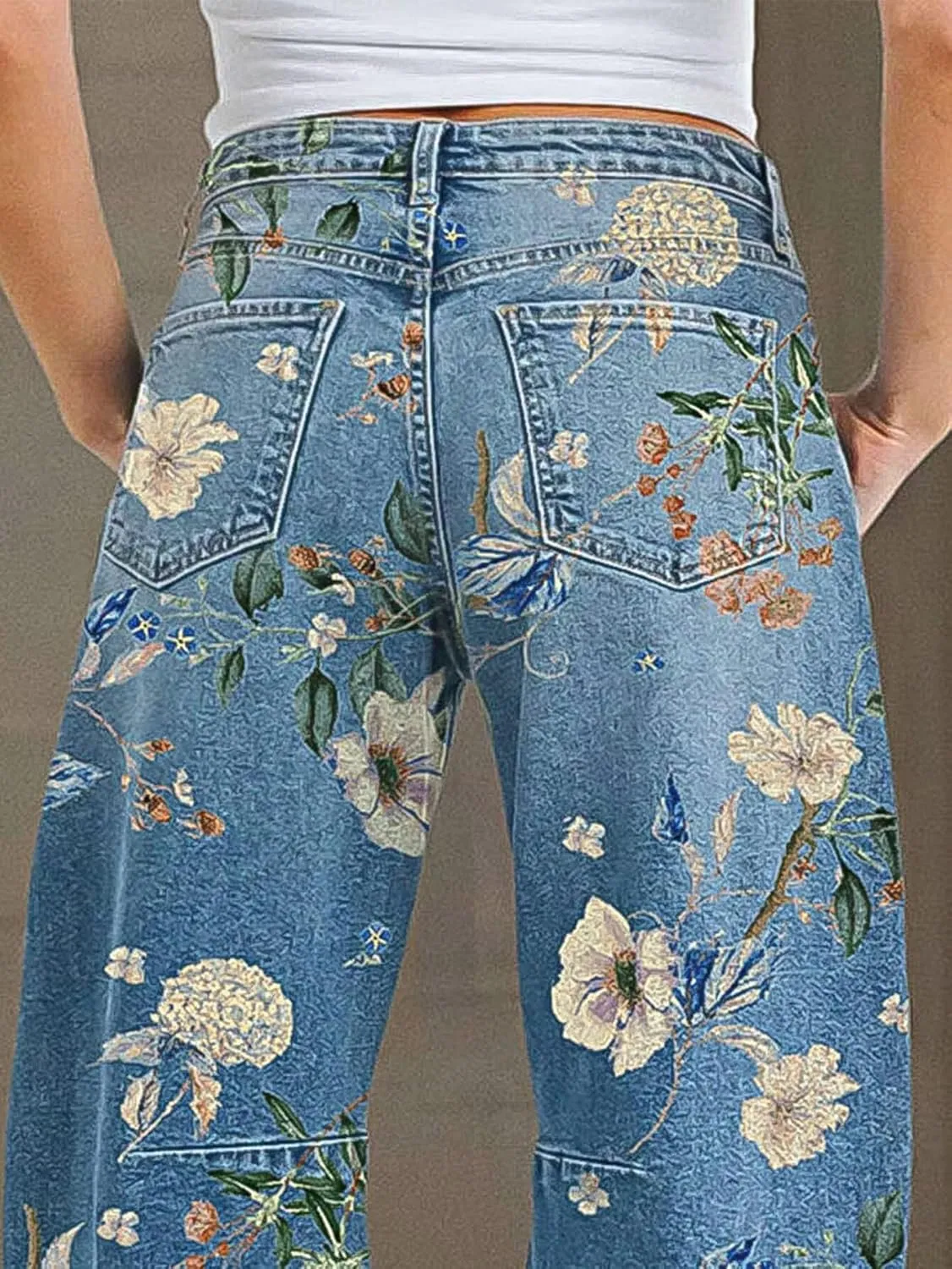 Flamingals Barrel Jeans for Women Trendy Mid Rise Floral Printed Cropped Jeans Relax Fit Stretch Denim Ankle Pants