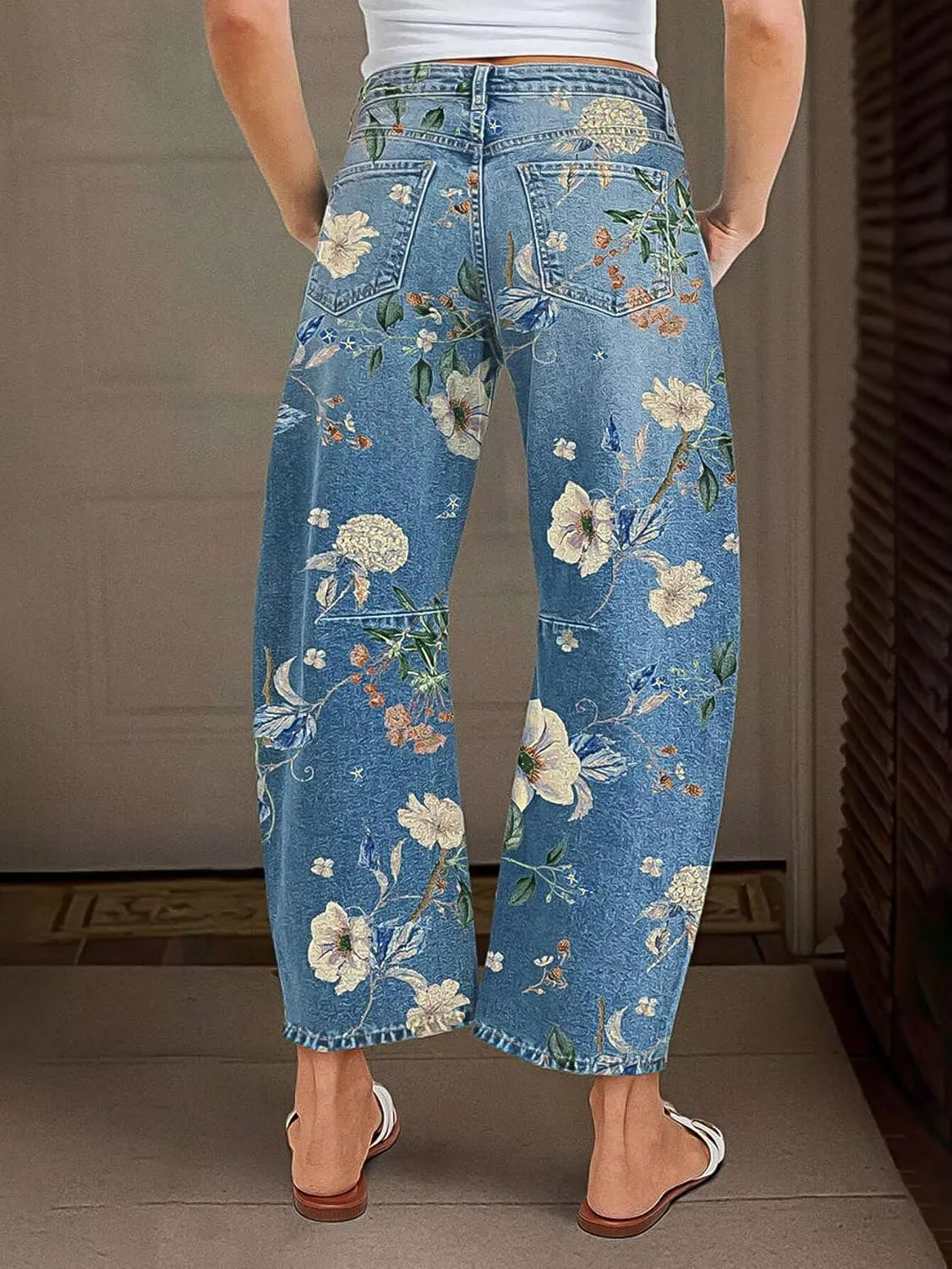 Flamingals Barrel Jeans for Women Trendy Mid Rise Floral Printed Cropped Jeans Relax Fit Stretch Denim Ankle Pants