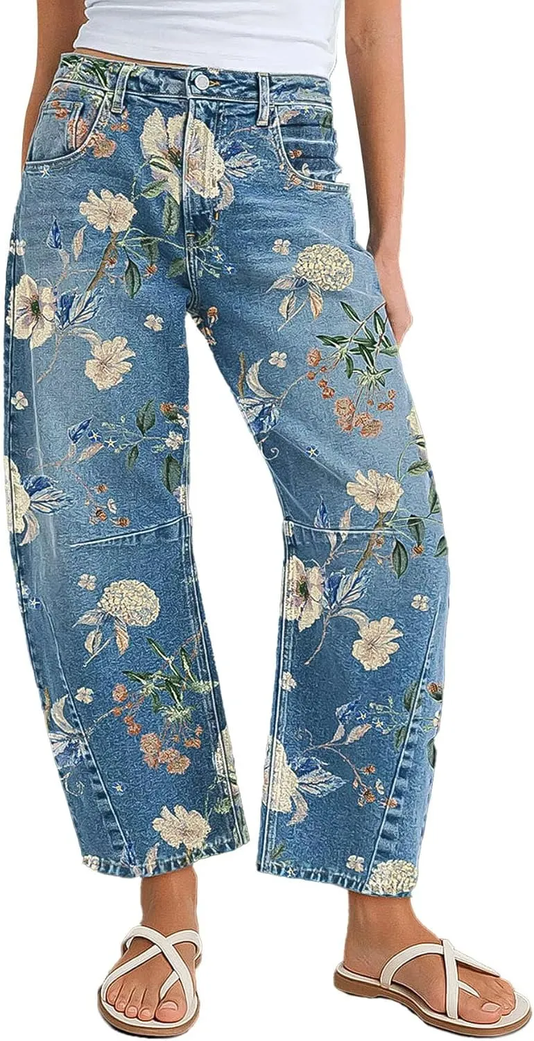 Flamingals Barrel Jeans for Women Trendy Mid Rise Floral Printed Cropped Jeans Relax Fit Stretch Denim Ankle Pants