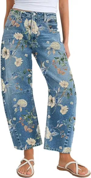 Flamingals Barrel Jeans for Women Trendy Mid Rise Floral Printed Cropped Jeans Relax Fit Stretch Denim Ankle Pants