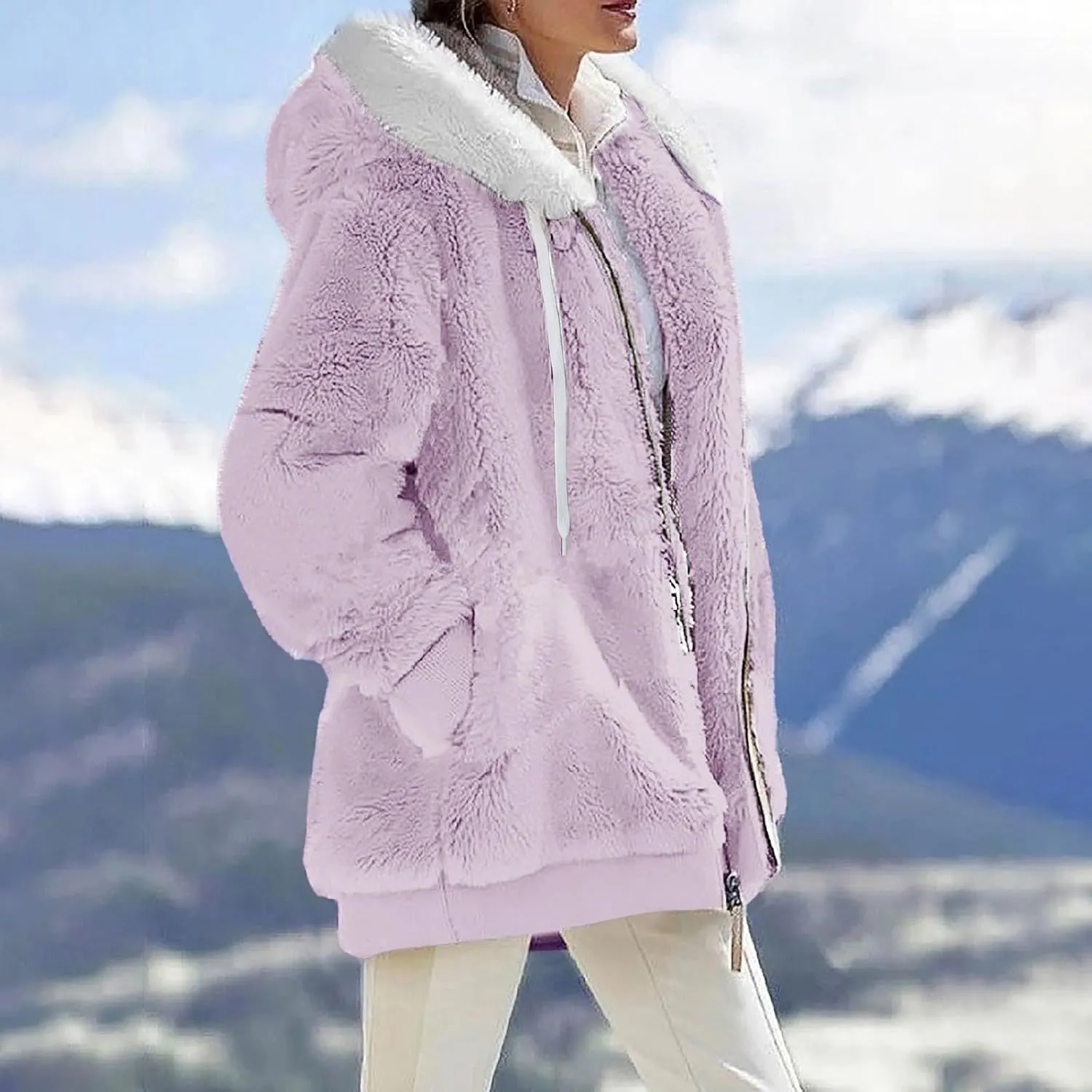 Fleece Jackets for Women 2024 Winter Sherpa Lined Full Zip Hooded Jacket Plus Size Fuzzy Coats with Pockets S-5XL