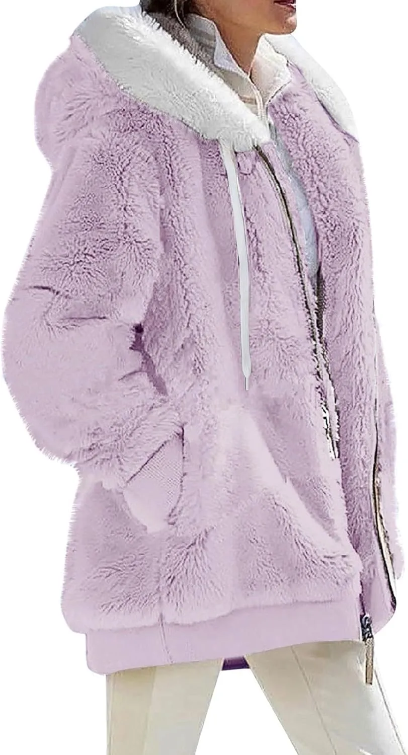 Fleece Jackets for Women 2024 Winter Sherpa Lined Full Zip Hooded Jacket Plus Size Fuzzy Coats with Pockets S-5XL