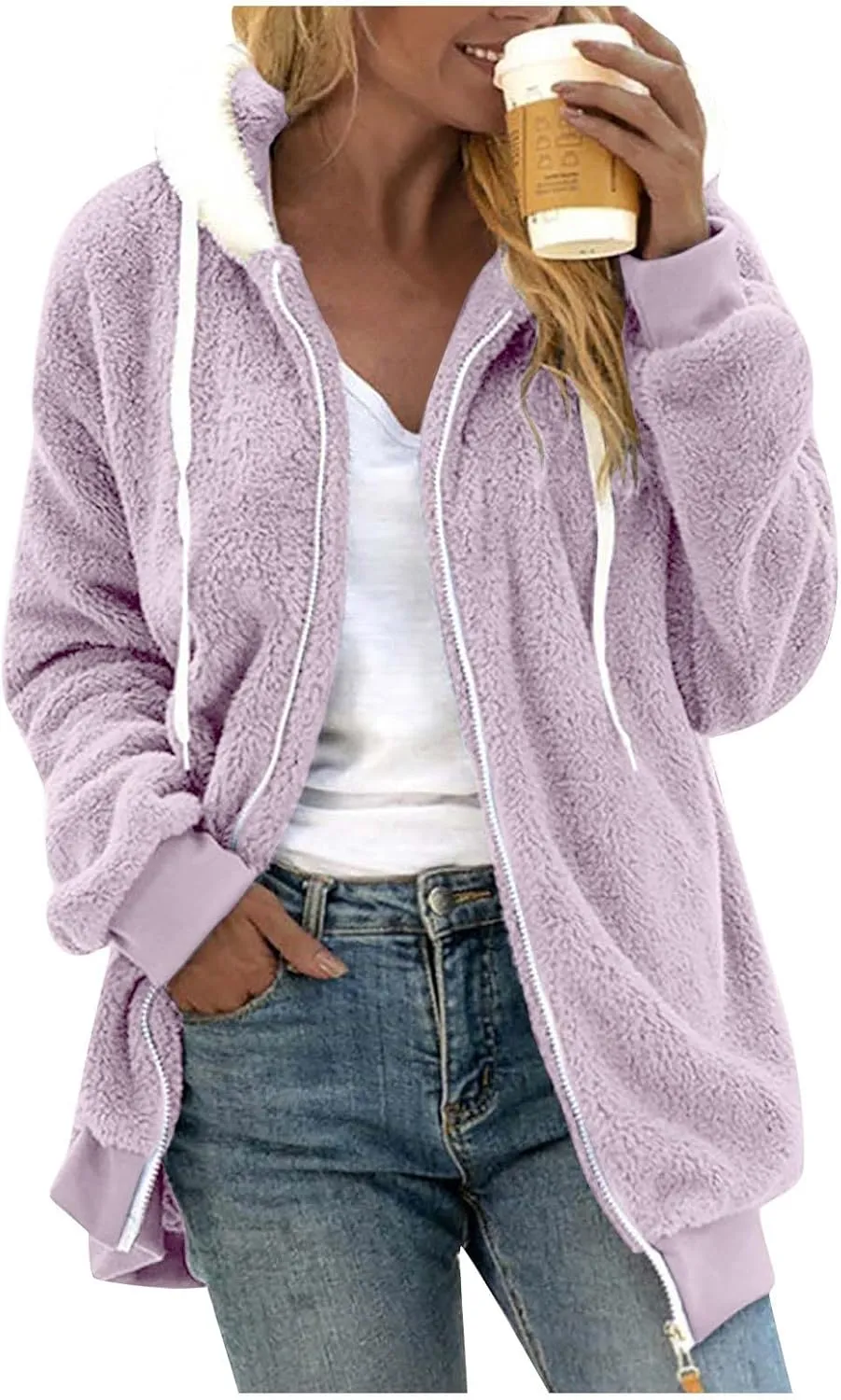 Fleece Jackets for Women 2024 Winter Sherpa Lined Full Zip Hooded Jacket Plus Size Fuzzy Coats with Pockets S-5XL
