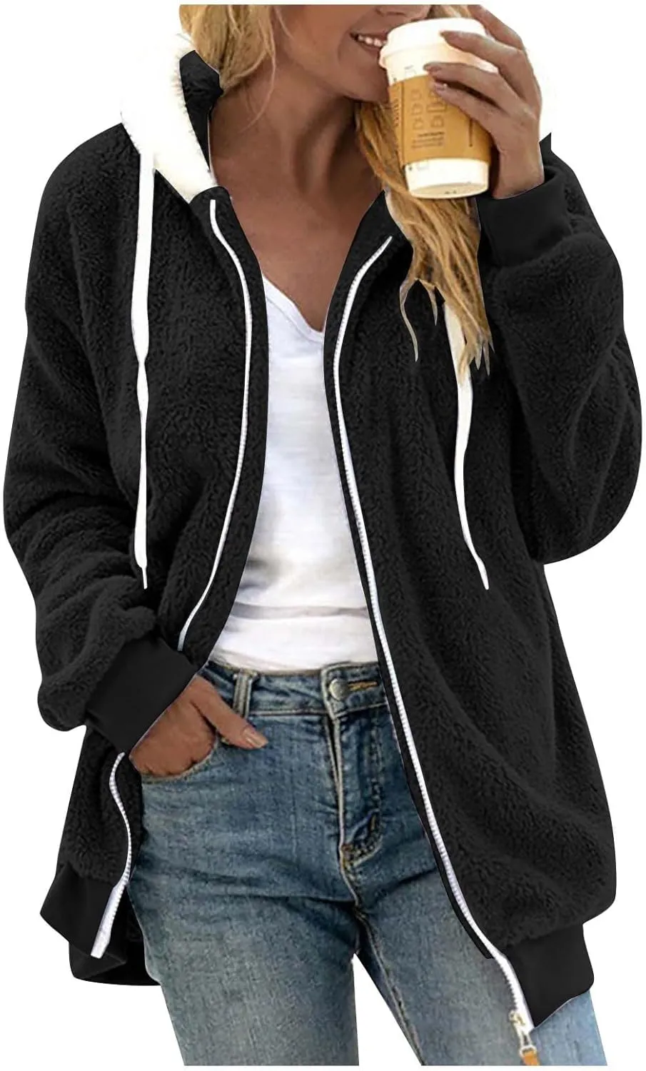 Fleece Jackets for Women 2024 Winter Sherpa Lined Full Zip Hooded Jacket Plus Size Fuzzy Coats with Pockets S-5XL