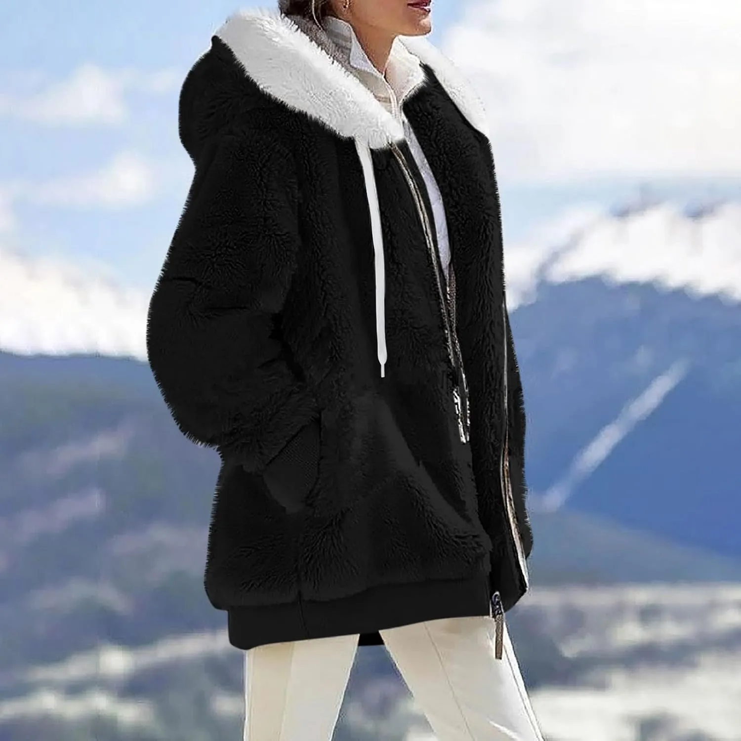 Fleece Jackets for Women 2024 Winter Sherpa Lined Full Zip Hooded Jacket Plus Size Fuzzy Coats with Pockets S-5XL