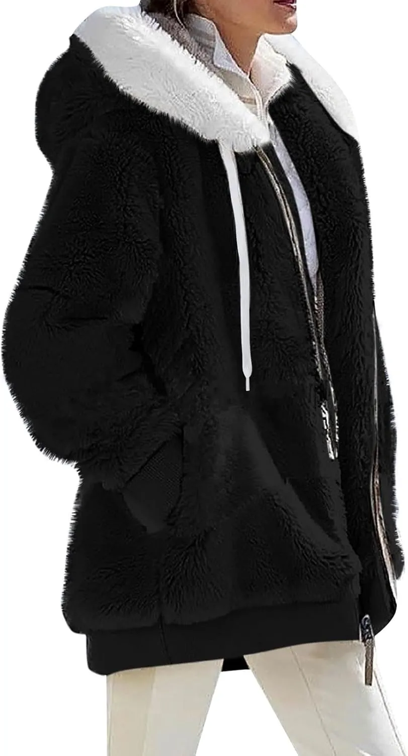 Fleece Jackets for Women 2024 Winter Sherpa Lined Full Zip Hooded Jacket Plus Size Fuzzy Coats with Pockets S-5XL