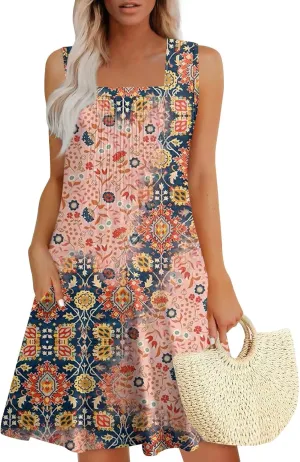FlekmanArt Womens Summer Dresses Flowy Sleeveless Mini Dress Beach Casual Sundresses Prited Tshirt Tank Dresses with Pockets