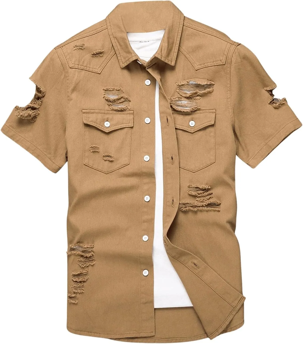 Floerns Men's Causal Ripped Button Front Dual Pocket Short Sleeve Denim Shirt Without Tee