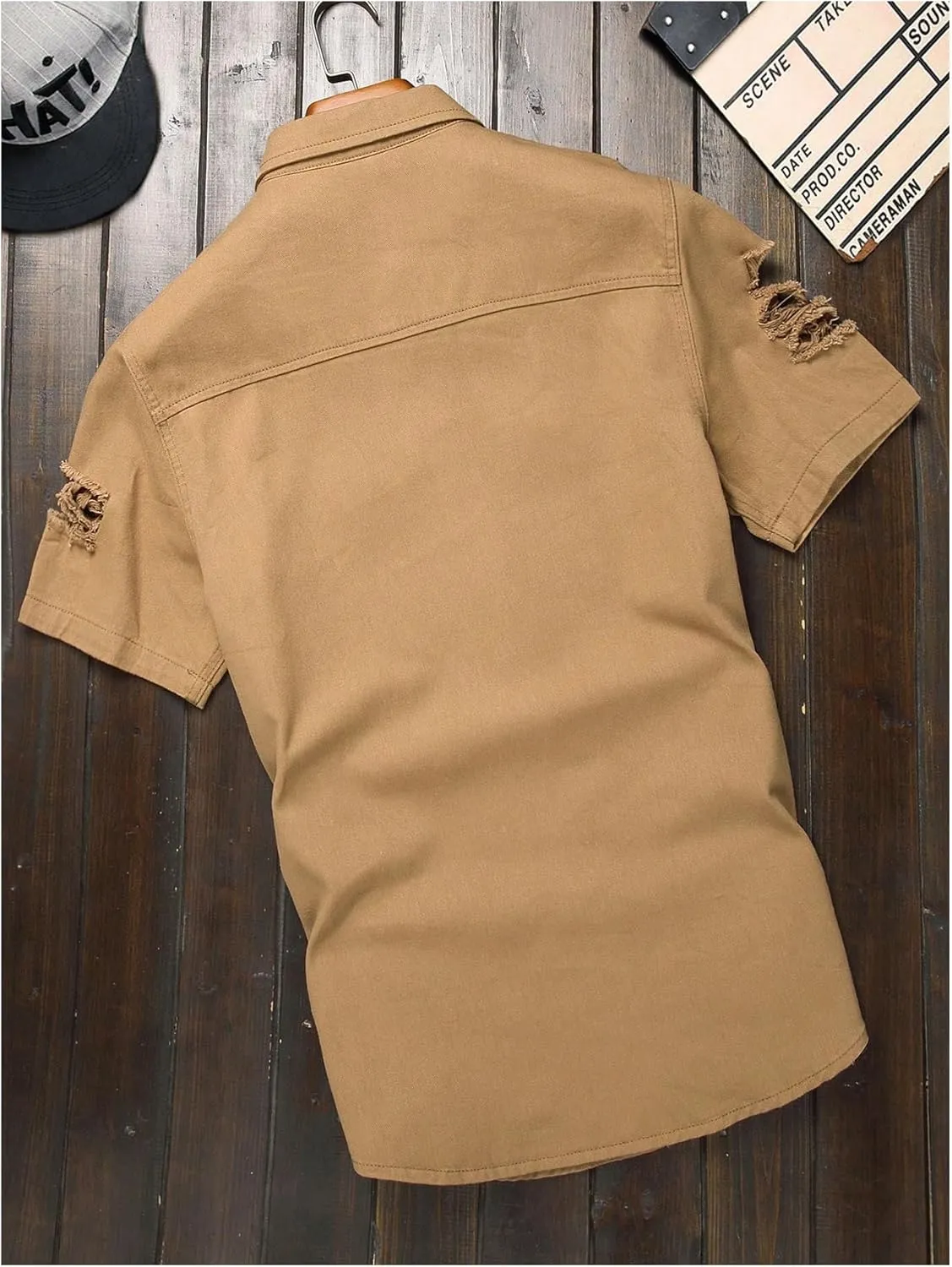 Floerns Men's Causal Ripped Button Front Dual Pocket Short Sleeve Denim Shirt Without Tee