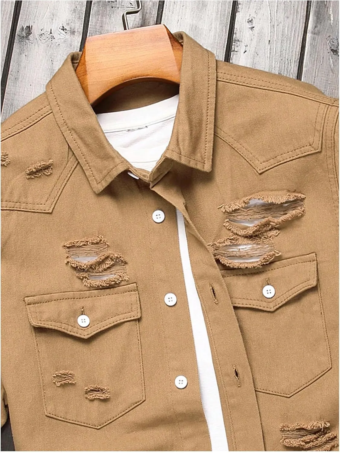 Floerns Men's Causal Ripped Button Front Dual Pocket Short Sleeve Denim Shirt Without Tee