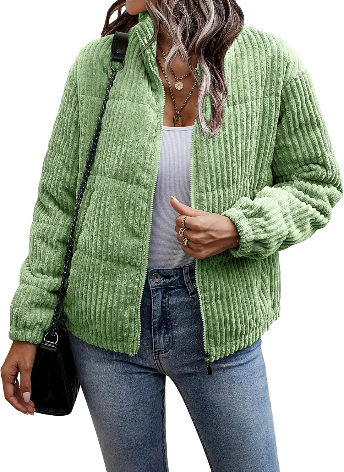 Flygo Corduroy Puffer Jacket Women Quilted Jackets Lightweight Baggy Zip Spring Fall Jackets Coats 2024