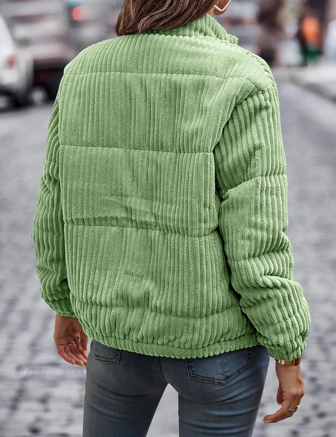 Flygo Corduroy Puffer Jacket Women Quilted Jackets Lightweight Baggy Zip Spring Fall Jackets Coats 2024