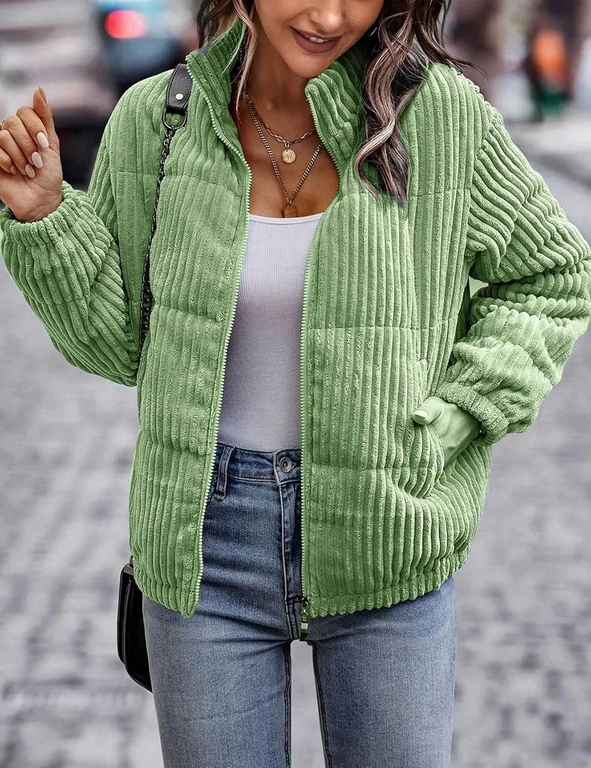 Flygo Corduroy Puffer Jacket Women Quilted Jackets Lightweight Baggy Zip Spring Fall Jackets Coats 2024