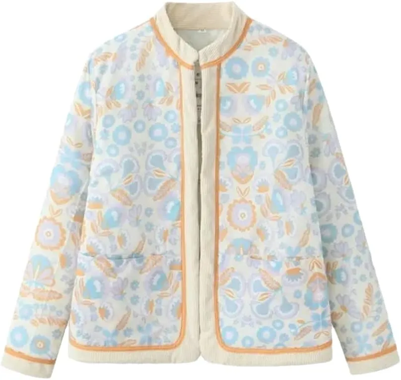 Fnfmrfmr Women Floral Print Patchwork Cotton Padded Jacket Winter Long Sleeve Crew Neck Loose Coat