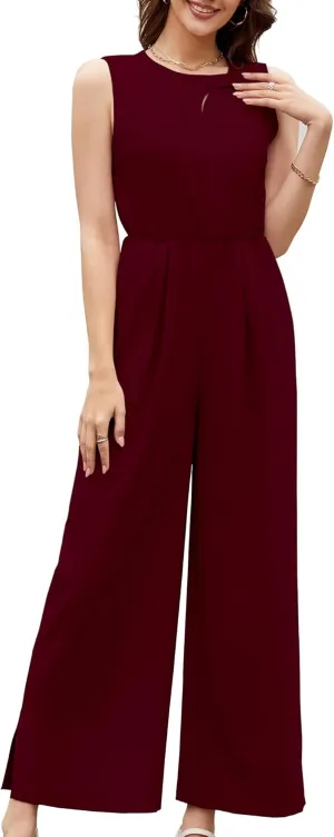 Gardenwed Women's Sleeveless Wide Leg Jumpsuit, Elegant Side Split High Waist Palazzo Pants Romper with Pockets Button Detail Burgundy S